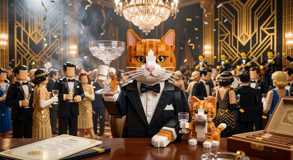 Brick cats in tuxedos at a golden gala