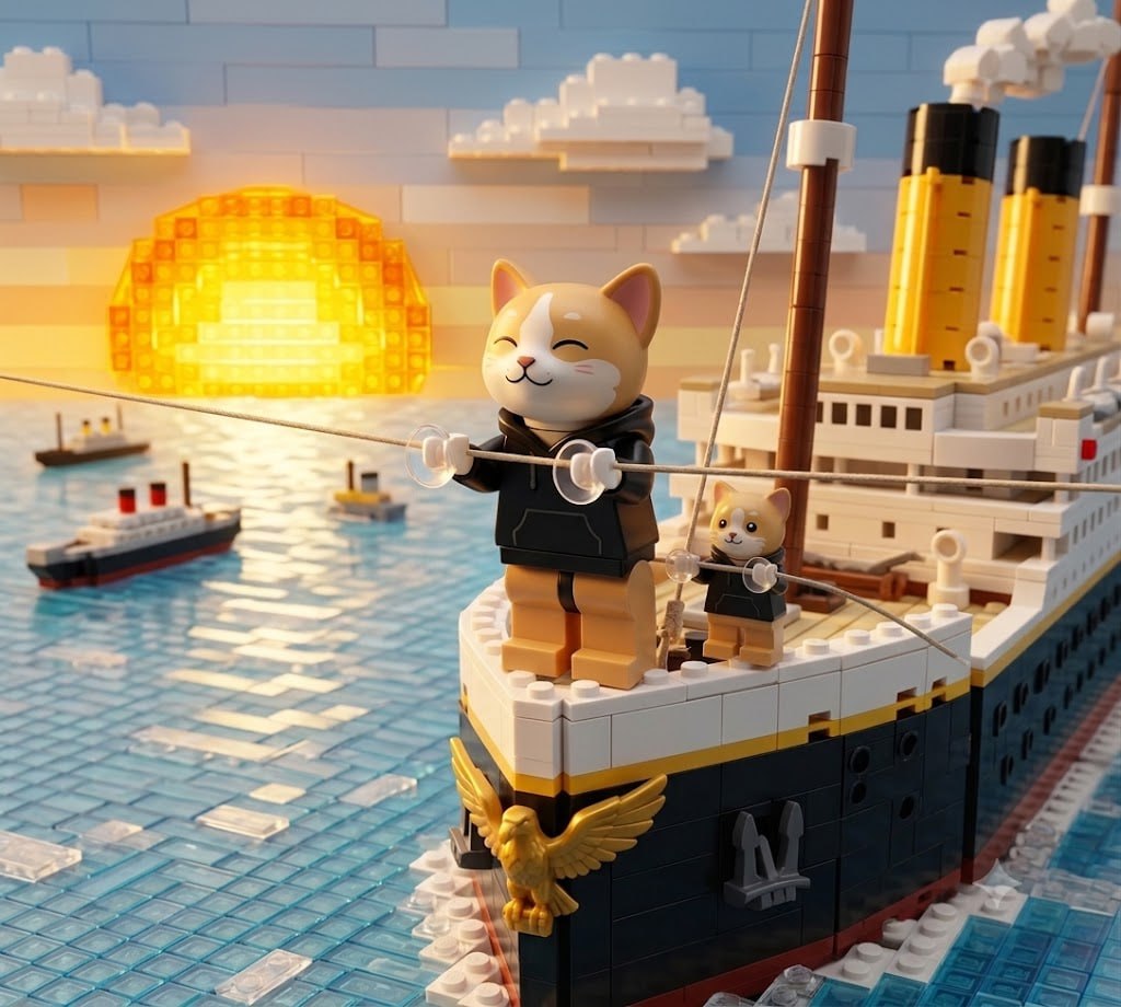 $CATE and Baby Cate brick cats on the bow of a brick ship at sunset